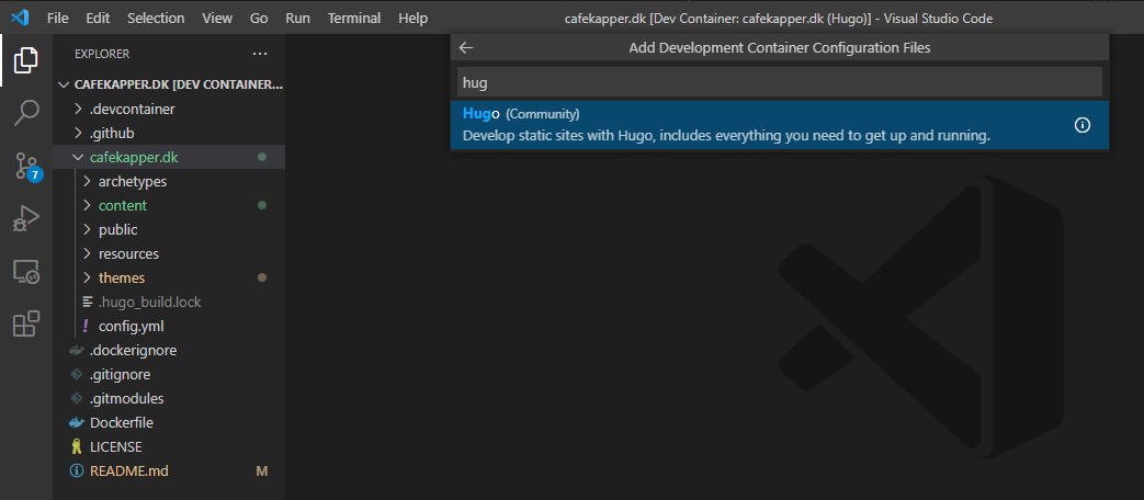 Adding configuration files for Hugo development container in VSCode